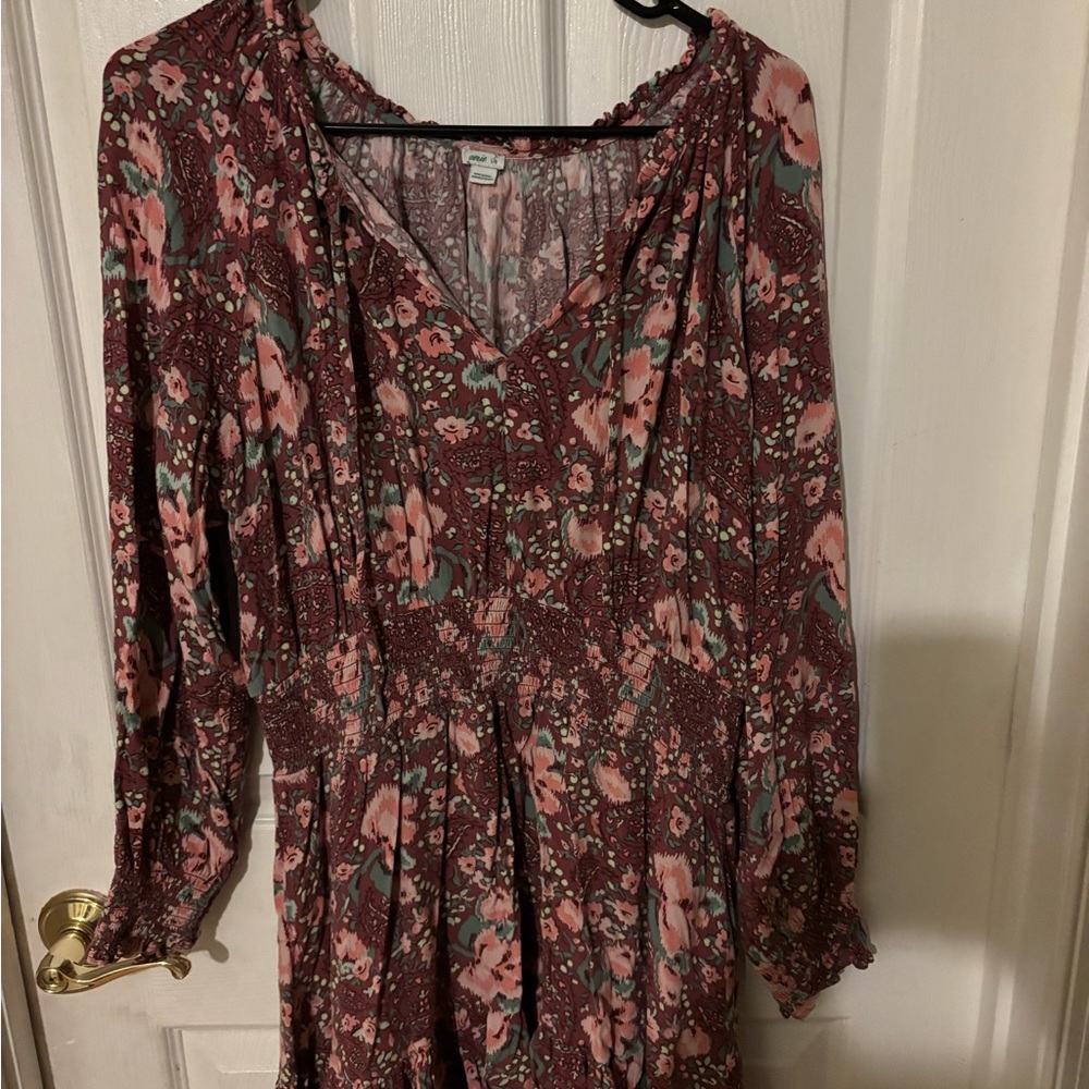 Aerie Burgundy Floral Long Sleeve Dress